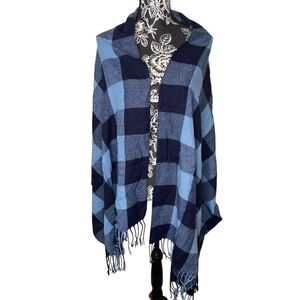 Blue Navy Buffalo Plaid Scarf Wrap Fringe Edge Cozy Soft Oversized Shawl Winter